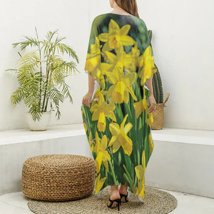 Yellow Daffodil Flower Print Silk V-Neck Kaftan Dress