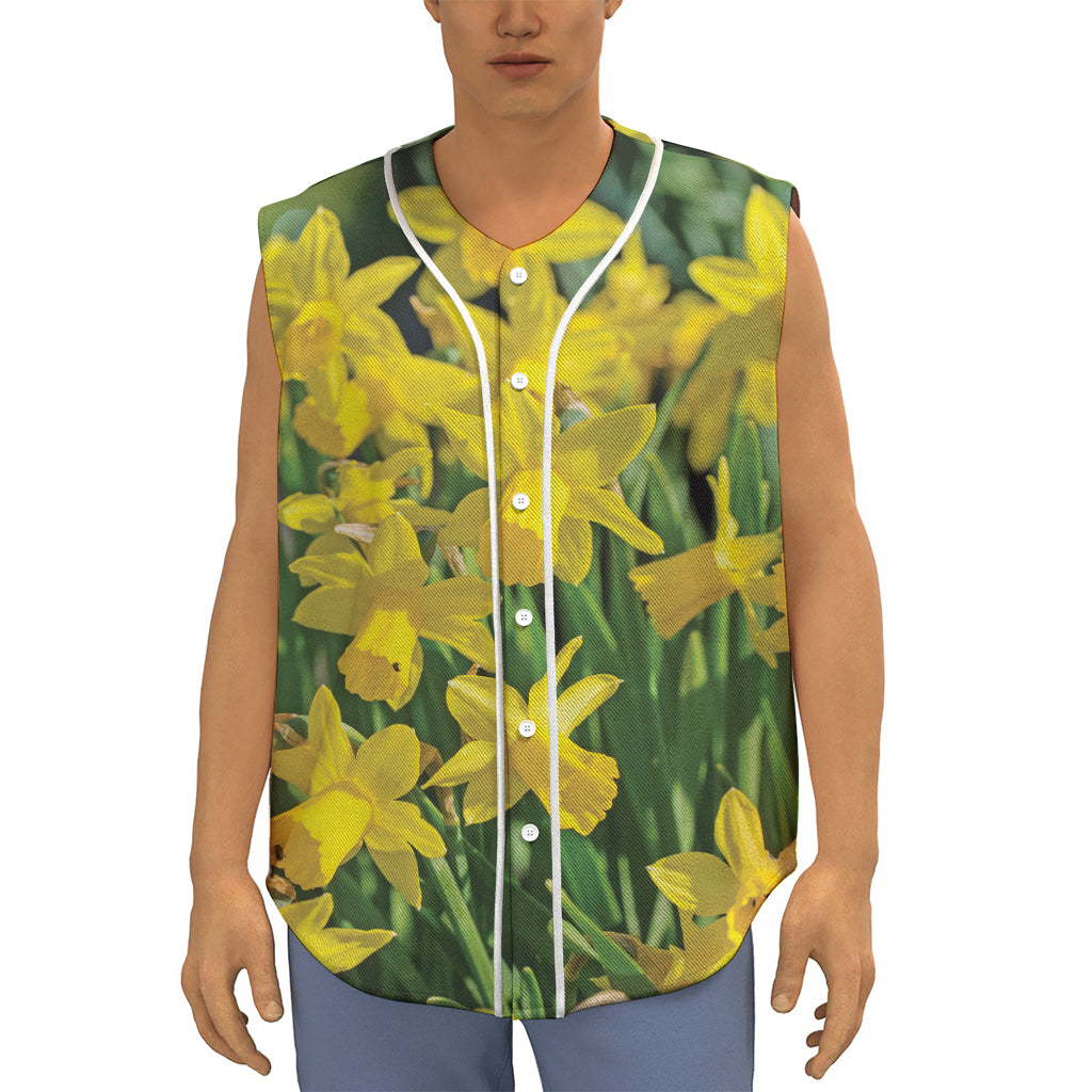 Yellow Daffodil Flower Print Sleeveless Baseball Jersey