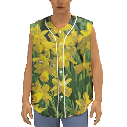 Yellow Daffodil Flower Print Sleeveless Baseball Jersey