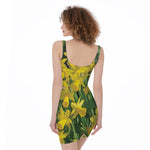 Yellow Daffodil Flower Print Sleeveless Bodycon Dress