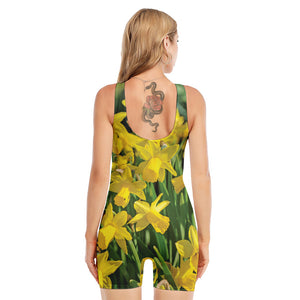 Yellow Daffodil Flower Print Sleeveless One Piece Swimsuit