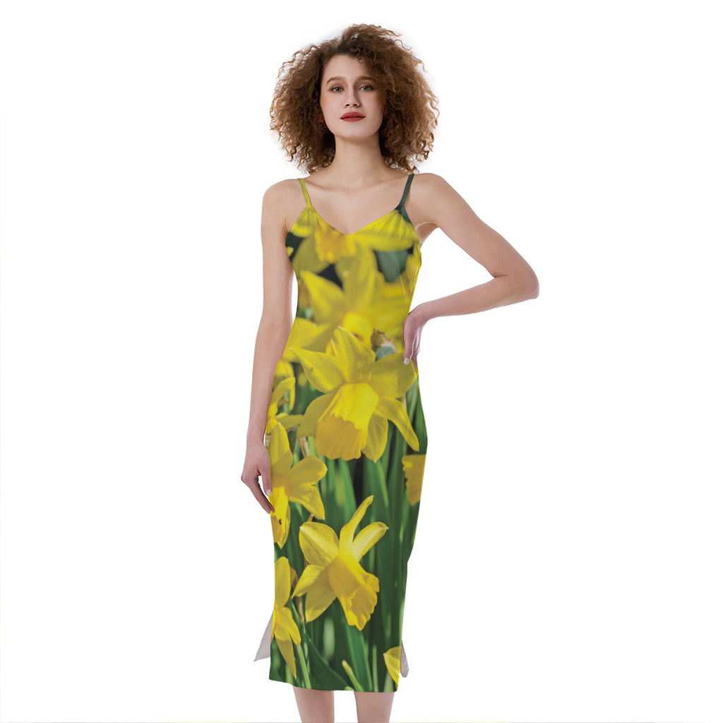 Yellow Daffodil Flower Print Slim Fit Midi Cami Dress