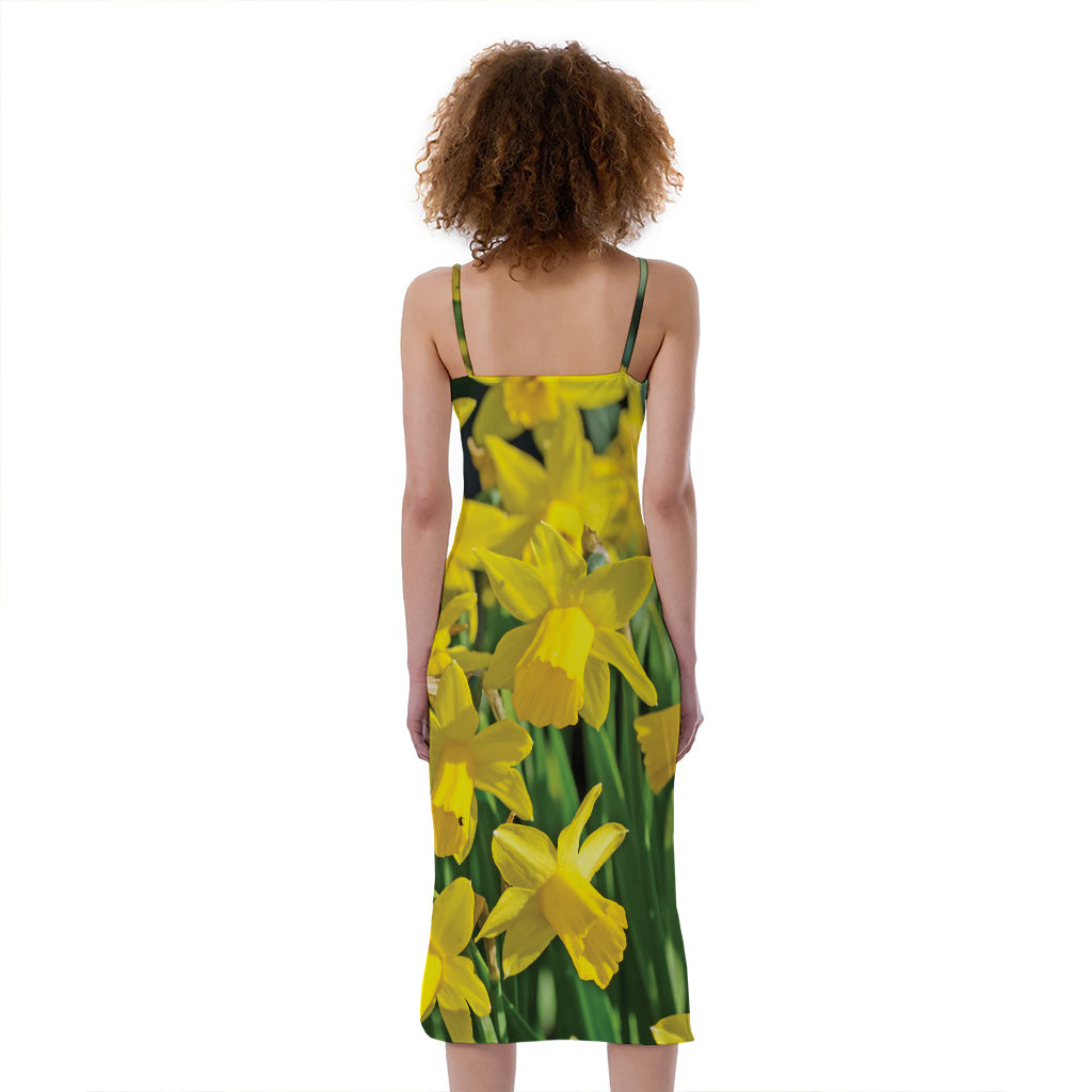 Yellow Daffodil Flower Print Slim Fit Midi Cami Dress