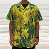 Yellow Daffodil Flower Print Textured Short Sleeve Shirt