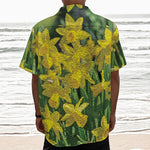 Yellow Daffodil Flower Print Textured Short Sleeve Shirt