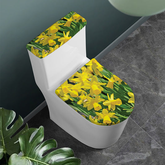 Yellow Daffodil Flower Print Toilet Lid And Tank Cover Set
