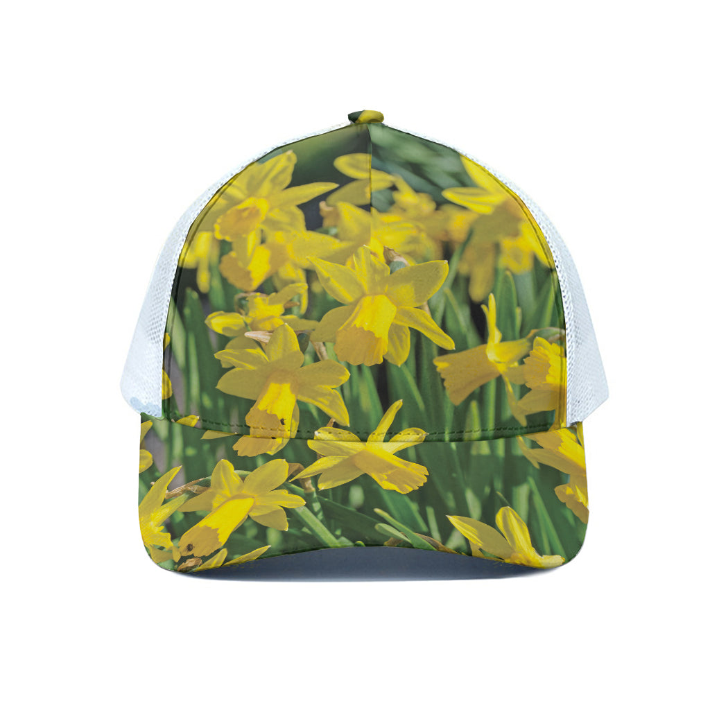 Yellow Daffodil Flower Print White Mesh Trucker Cap