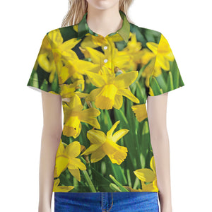 Yellow Daffodil Flower Print Women's Polo Shirt