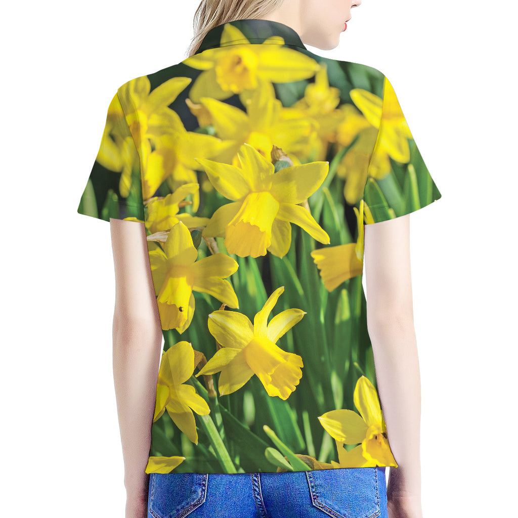 Yellow Daffodil Flower Print Women's Polo Shirt
