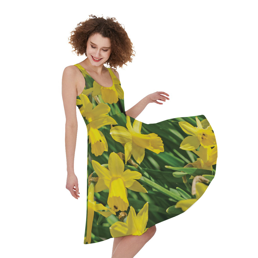 Yellow Daffodil Flower Print Women's Sleeveless Dress