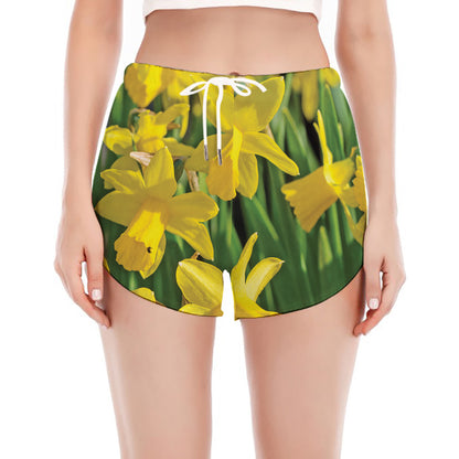 Yellow Daffodil Flower Print Women's Split Running Shorts