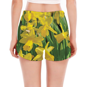 Yellow Daffodil Flower Print Women's Split Running Shorts