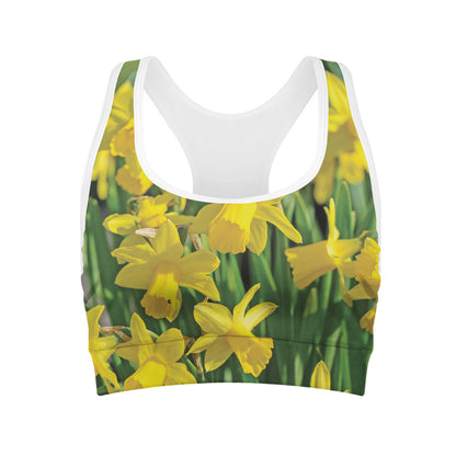 Yellow Daffodil Flower Print Women's Sports Bra