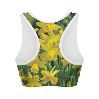 Yellow Daffodil Flower Print Women's Sports Bra