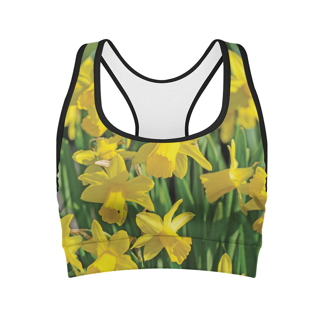 Yellow Daffodil Flower Print Women's Sports Bra