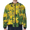 Yellow Daffodil Flower Print Zip Sleeve Bomber Jacket