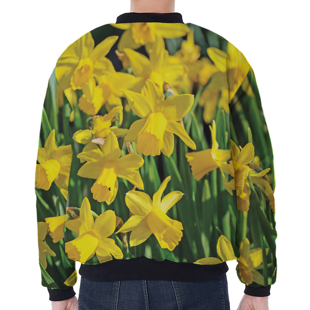 Yellow Daffodil Flower Print Zip Sleeve Bomber Jacket