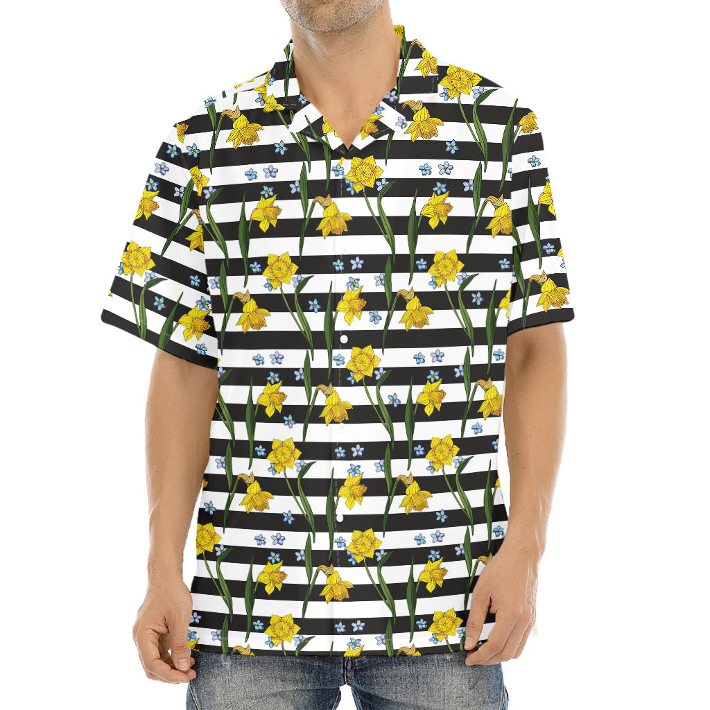 Yellow Daffodil Striped Pattern Print Aloha Shirt