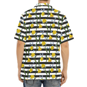 Yellow Daffodil Striped Pattern Print Aloha Shirt