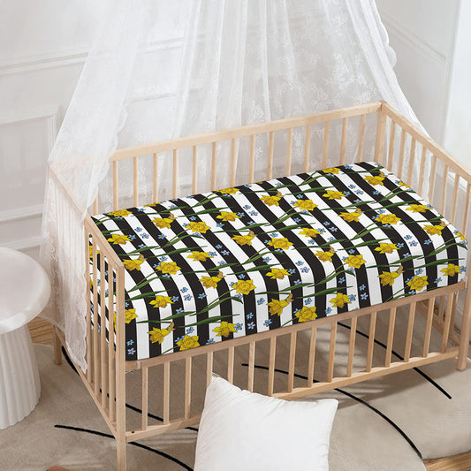 Yellow Daffodil Striped Pattern Print Baby Crib Sheet