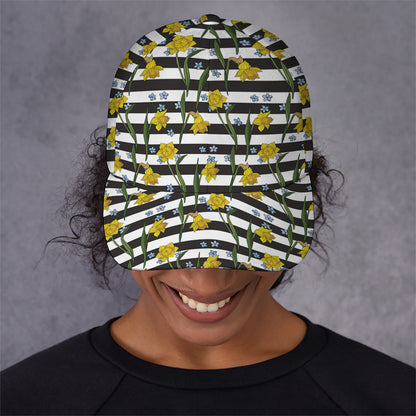 Yellow Daffodil Striped Pattern Print Baseball Cap