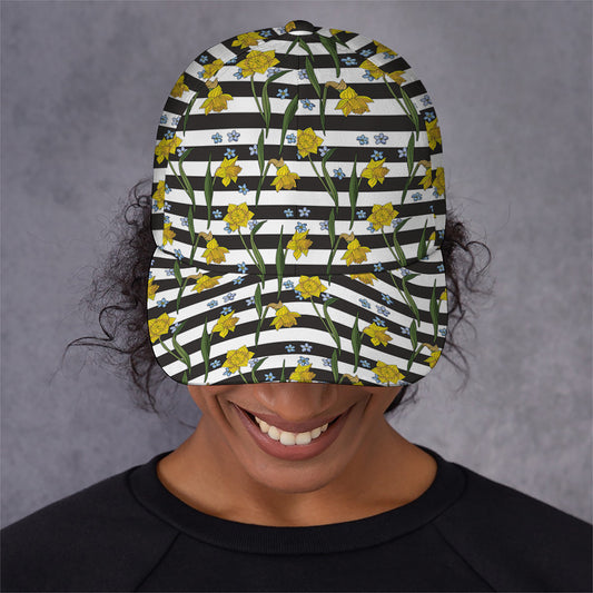 Yellow Daffodil Striped Pattern Print Baseball Cap