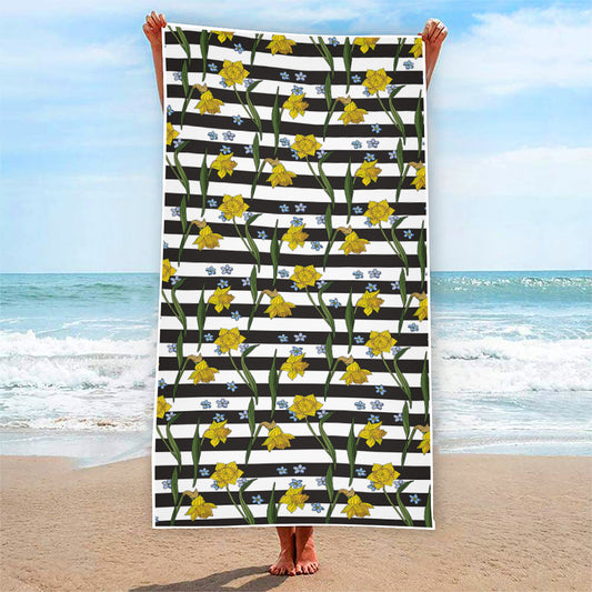 Yellow Daffodil Striped Pattern Print Beach Towel