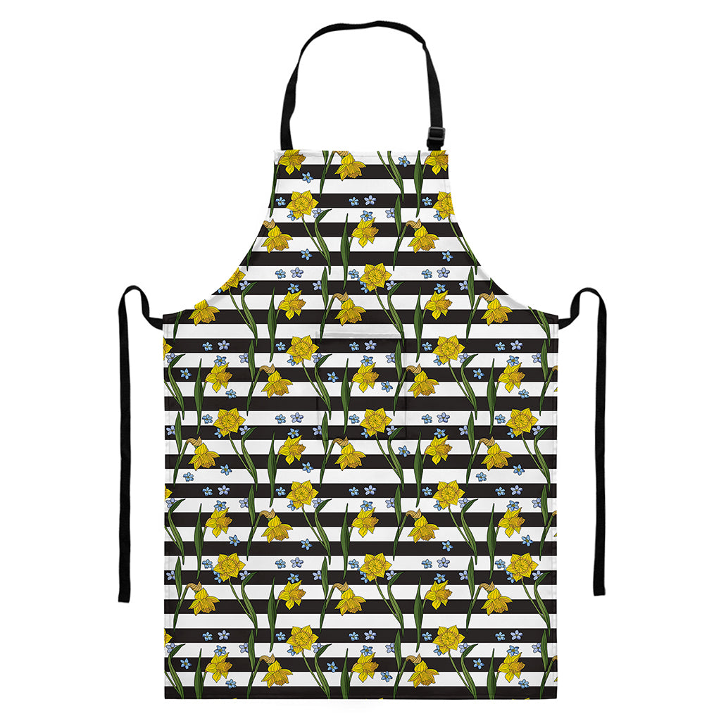 Yellow Daffodil Striped Pattern Print Bib Apron With Pocket