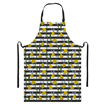 Yellow Daffodil Striped Pattern Print Bib Apron With Pocket