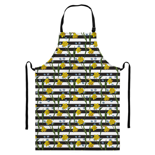 Yellow Daffodil Striped Pattern Print Bib Apron With Pocket