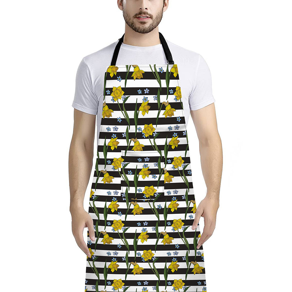 Yellow Daffodil Striped Pattern Print Bib Apron With Pocket