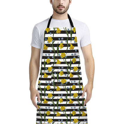 Yellow Daffodil Striped Pattern Print Bib Apron With Pocket