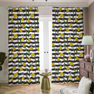 Yellow Daffodil Striped Pattern Print Blackout Pencil Pleat Curtains