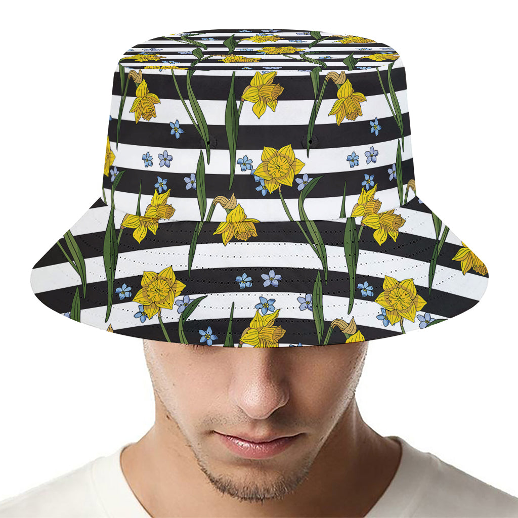 Yellow Daffodil Striped Pattern Print Bucket Hat