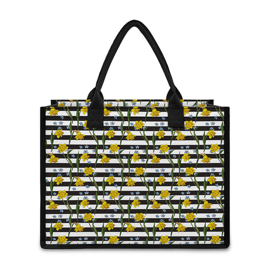 Yellow Daffodil Striped Pattern Print Canvas Tote Bag
