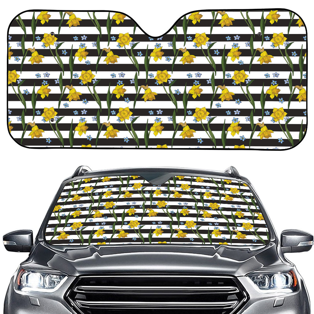 Yellow Daffodil Striped Pattern Print Car Windshield Sun Shade