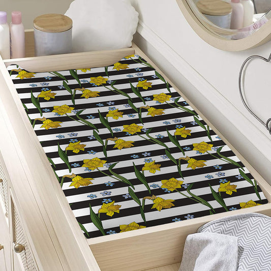 Yellow Daffodil Striped Pattern Print Changing Pad Cover