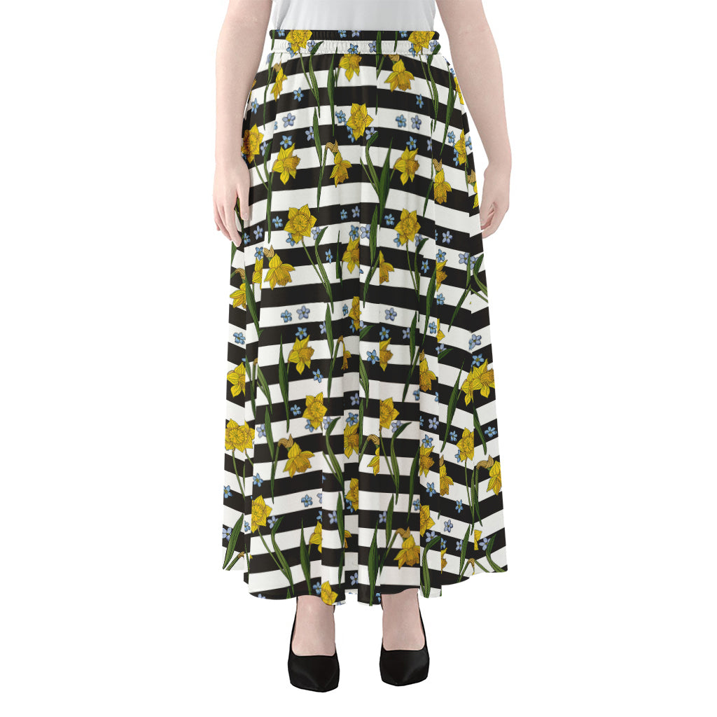 Yellow Daffodil Striped Pattern Print Chiffon Maxi Skirt