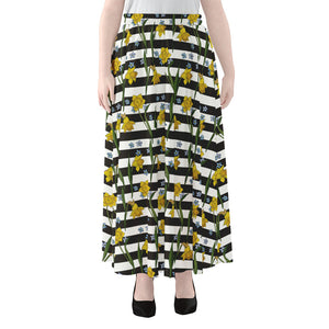 Yellow Daffodil Striped Pattern Print Chiffon Maxi Skirt