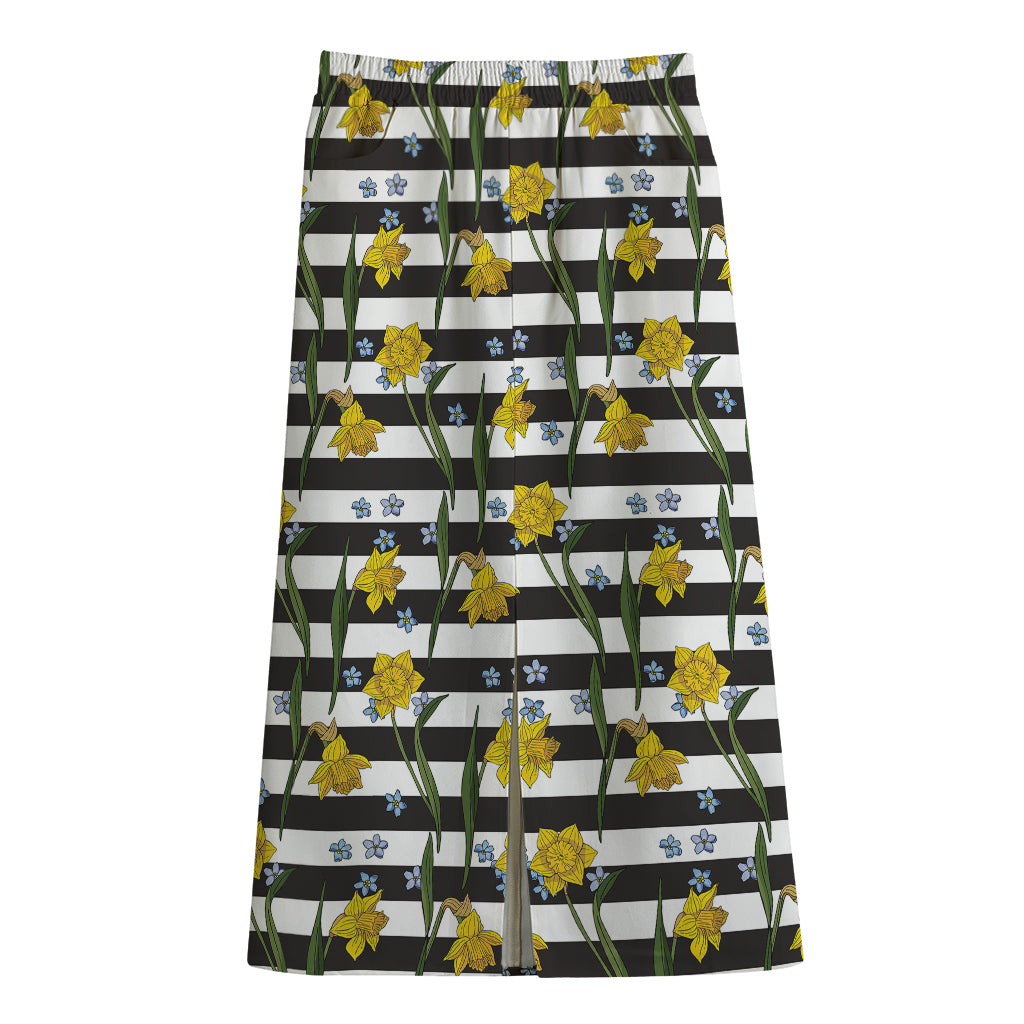 Yellow Daffodil Striped Pattern Print Cotton Front Slit Maxi Skirt