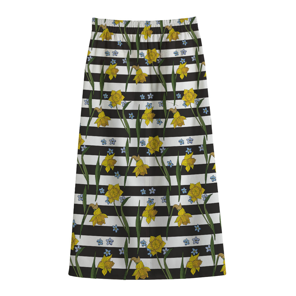 Yellow Daffodil Striped Pattern Print Cotton Front Slit Maxi Skirt