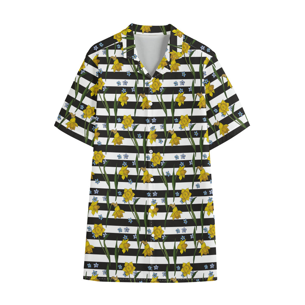 Yellow Daffodil Striped Pattern Print Cotton Hawaiian Shirt