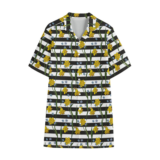 Yellow Daffodil Striped Pattern Print Cotton Hawaiian Shirt