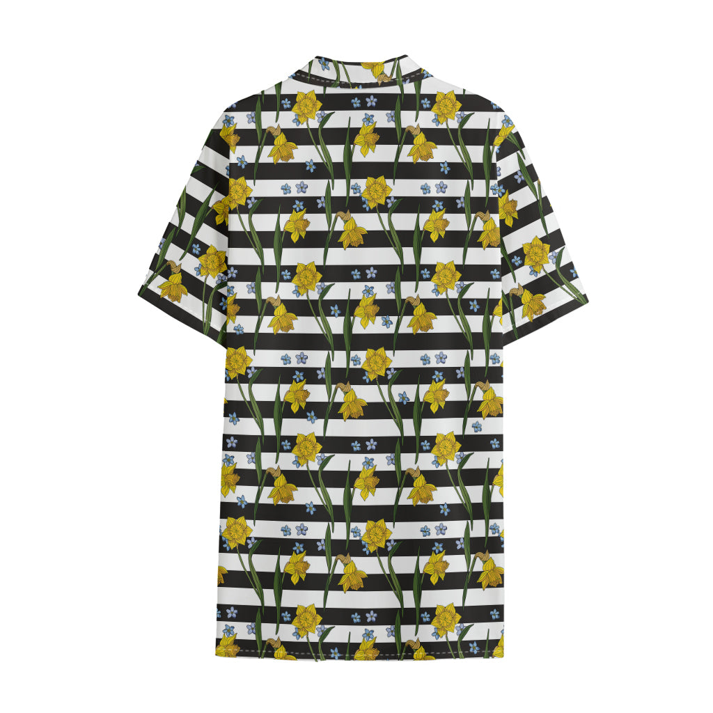 Yellow Daffodil Striped Pattern Print Cotton Hawaiian Shirt