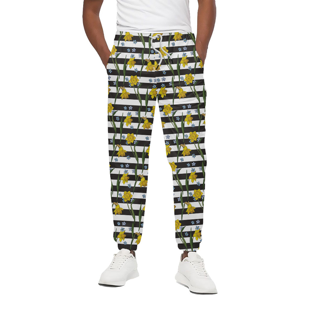 Yellow Daffodil Striped Pattern Print Cotton Pants