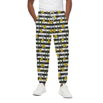Yellow Daffodil Striped Pattern Print Cotton Pants