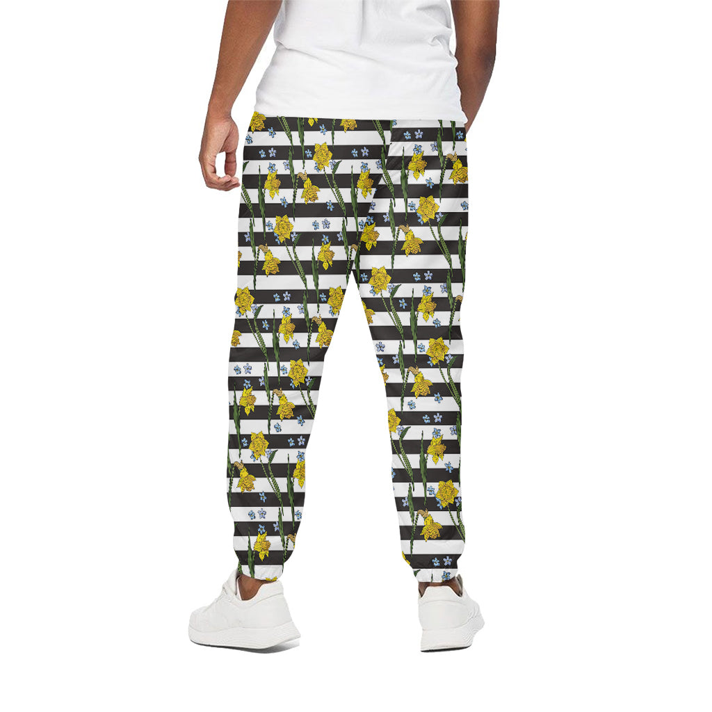 Yellow Daffodil Striped Pattern Print Cotton Pants