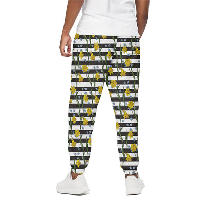 Yellow Daffodil Striped Pattern Print Cotton Pants