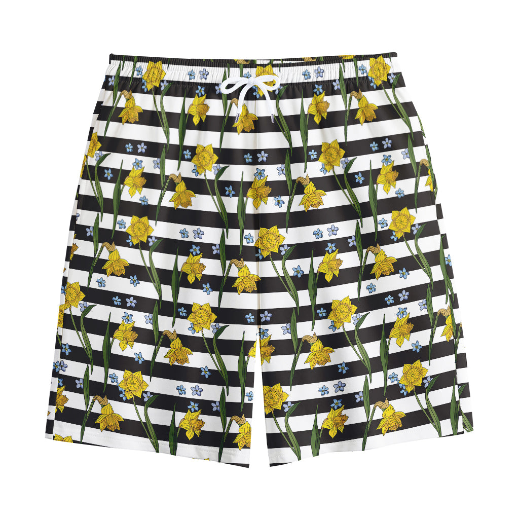 Yellow Daffodil Striped Pattern Print Cotton Shorts