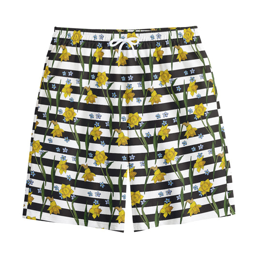 Yellow Daffodil Striped Pattern Print Cotton Shorts